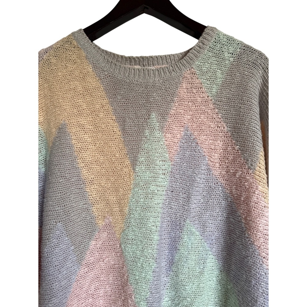 Vintage 80's Renee Tener for Jeanne Pierre Sz L Geometric Pastel Sweater Preppy - Picture 2 of 8
